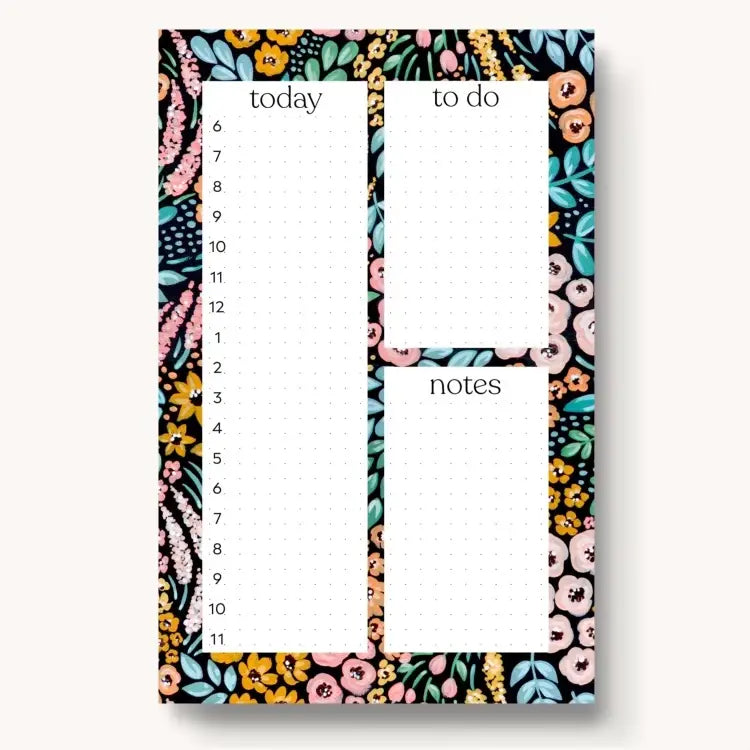 Black Floral Hourly Daily Planner Notepad