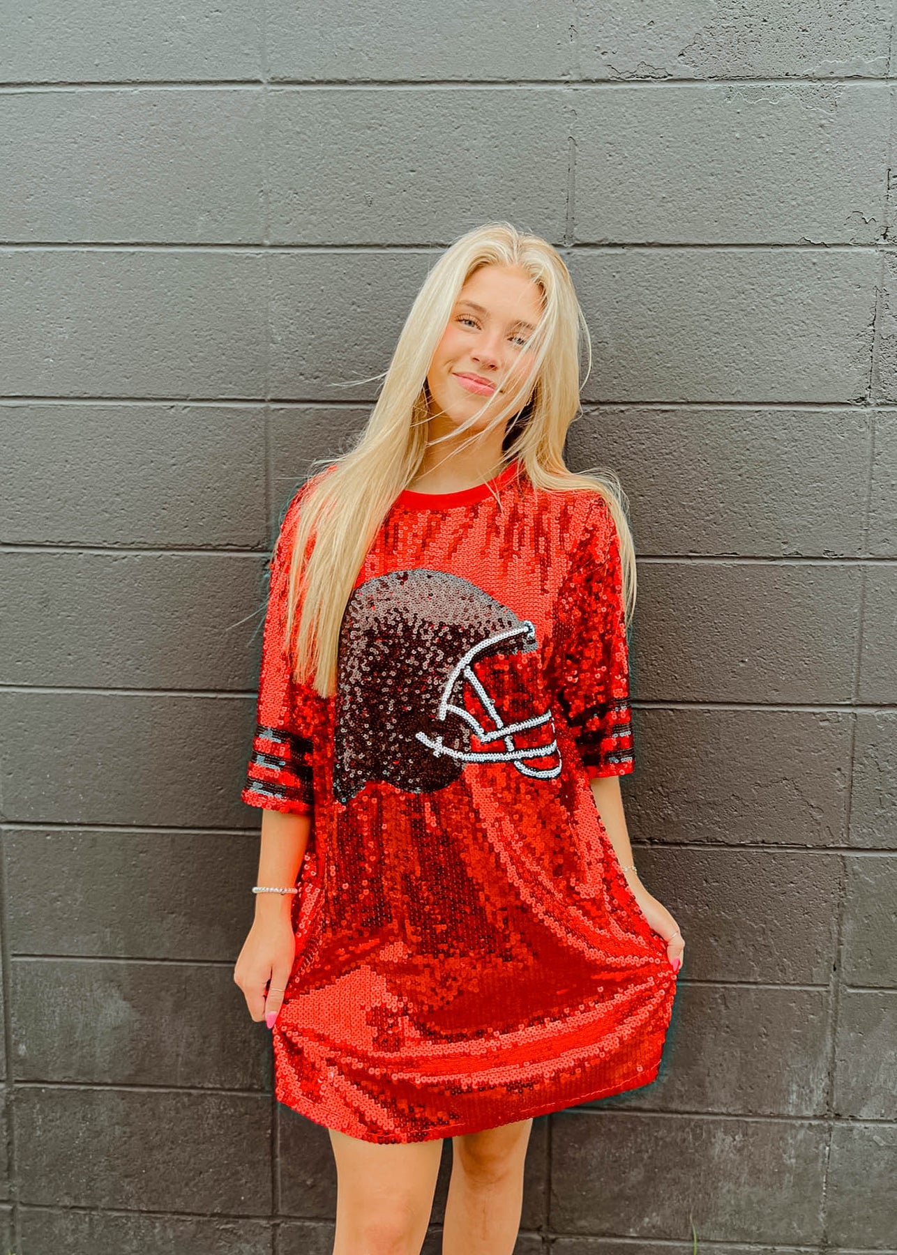 FOOTBALL HELMET SEQUIN DRESS/TUNIC/TOP - RED / BLACK